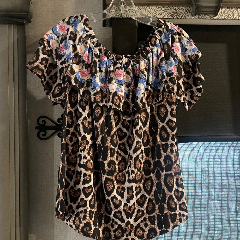 Leopard and Floral Ruffle Blouse